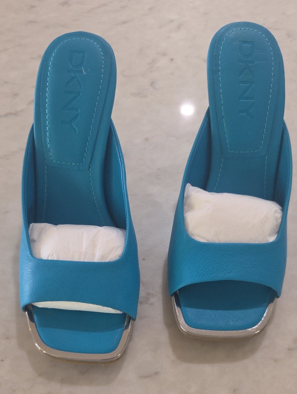 DKNY Turquoise Open-Toe Slide Mules with Silver Trim